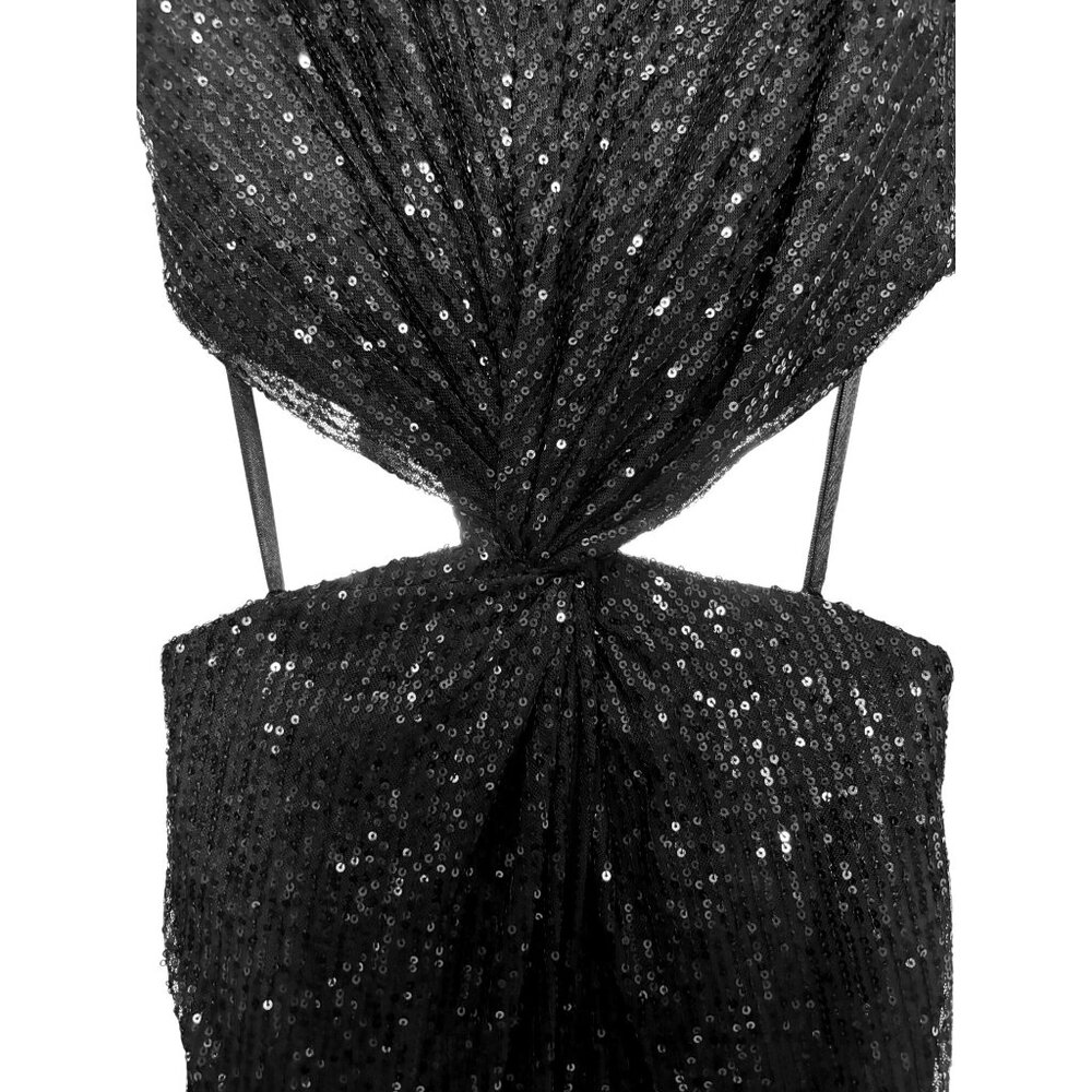 Mac Duggal Sequin Front Twist Cut Out Midi Sheath Dress Black Size 0 New W Tag - Picture 9 of 16